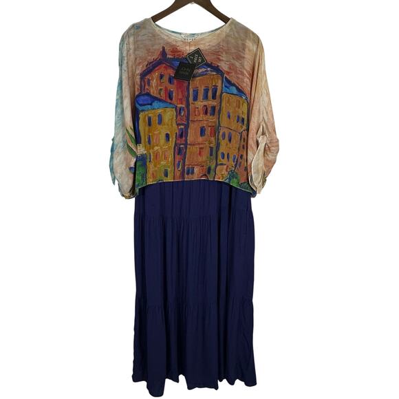 NWT John Mark Tiered Printed Crew Neck Short Sleeve Dress M Artsy Cruise‎ Modest - Picture 1 of 14